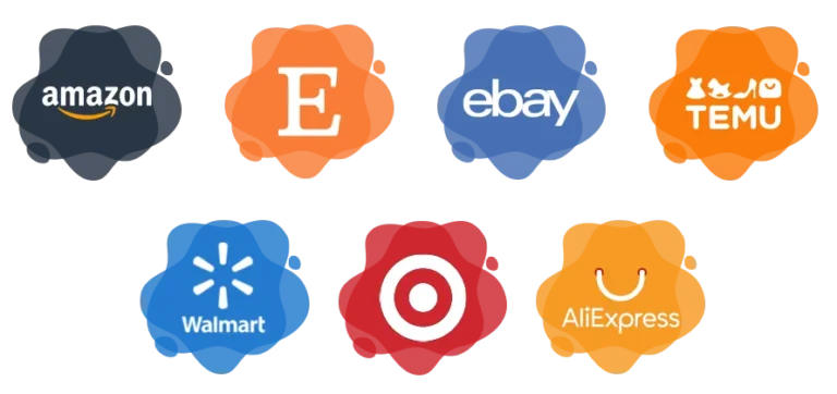 Marketplace logos including Amazon, Etsy, eBay, Temu, Walmart, Target, and AliExpress