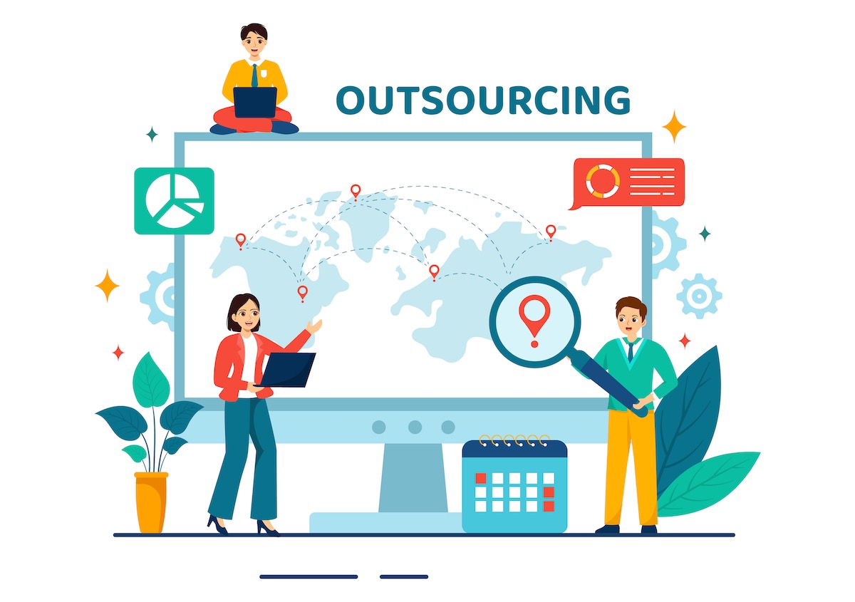 Outsourcing Ghost Mannequin Editing Outsourcing Business Vector Illustration with Idea of Teamwork, Company Development, Investment and Project Delegation in Flat Cartoon Background