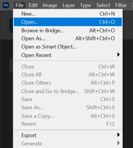 Screenshot of Opening a Photo in Adobe Photoshop